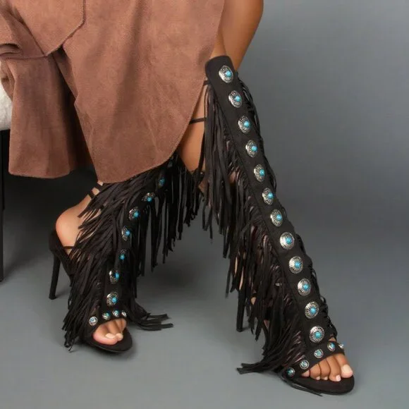 Black Bohemian Women'sGemstone Straps Fringe Detail Knee High Stiletto Boots f - Picture 9 of 10